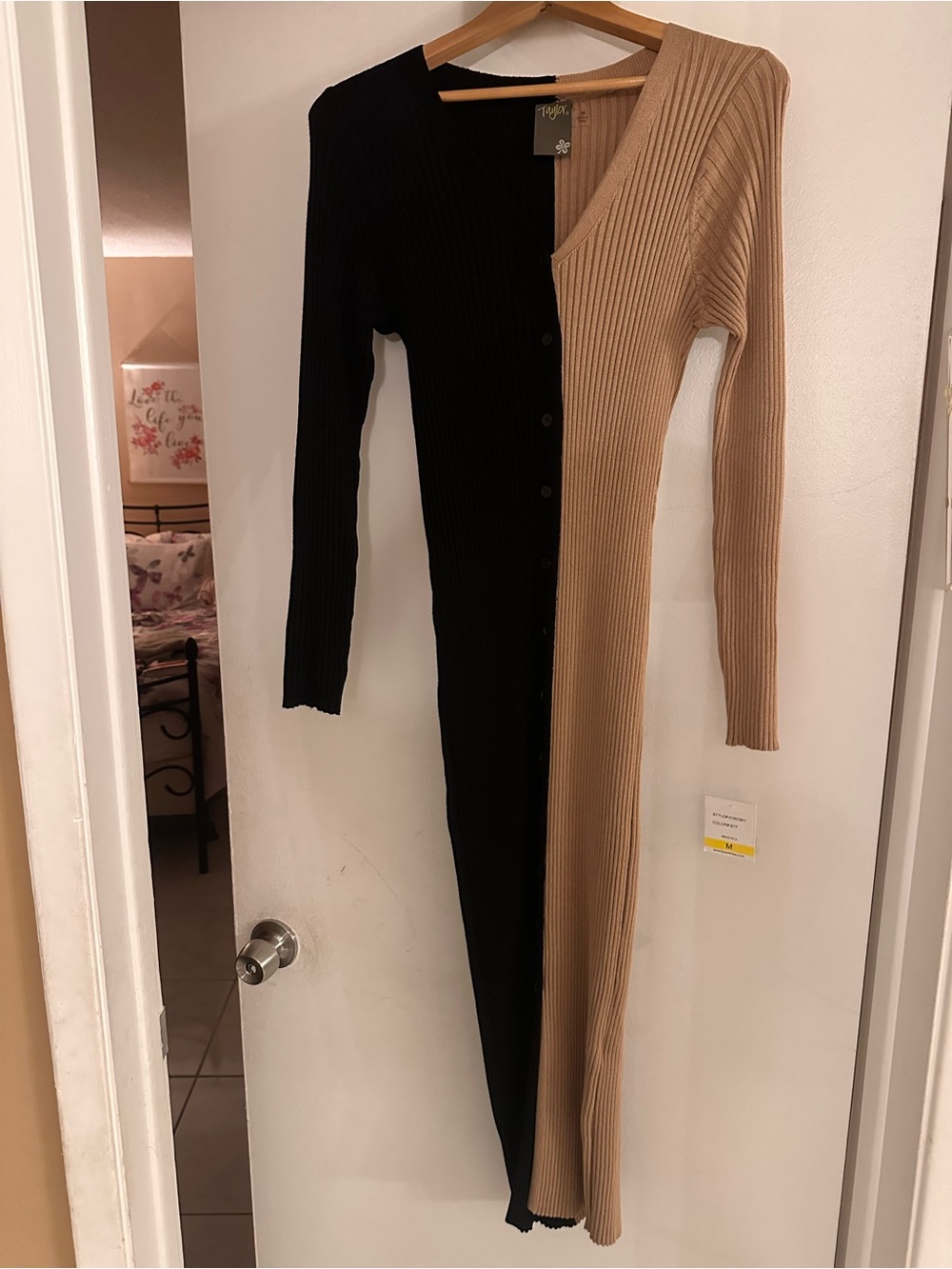 Taylor Dresses Two-Tone Ribbed Midi Dress — Black & Camel